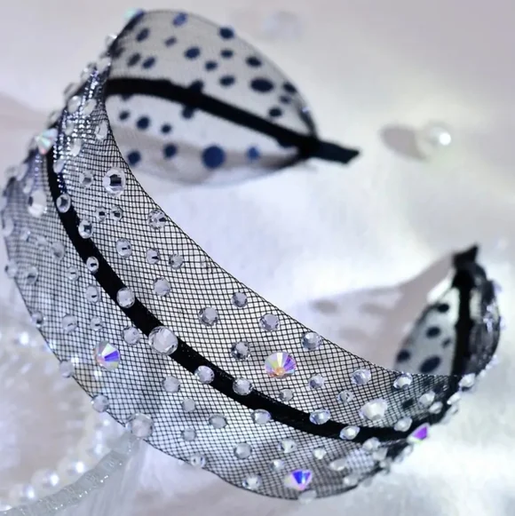 Rhinestone Wide Headband, Black Mesh, Crystal Rhinestones NEW - Picture 3 of 7